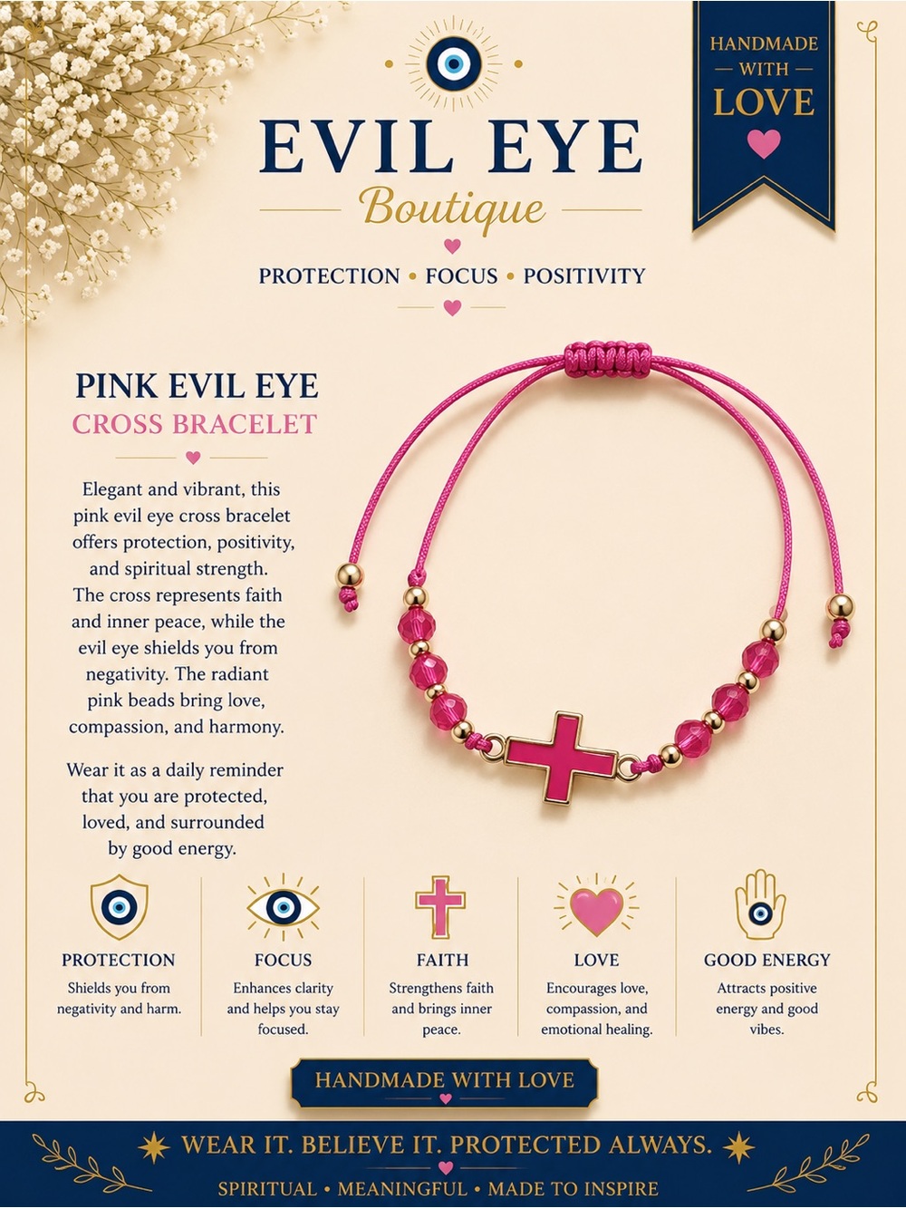 Pink Evil Eye Cross Bracelet - Pink Cord & Pink Cross